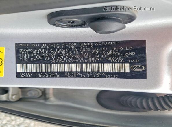 58ABK1GG7GU018191 2016 LEXUS ES Silver Շարժիչի բաժամունքի տեսք