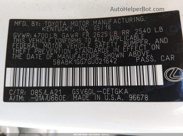 58ABK1GG7GU021642 2016 LEXUS ES 350 Белый Вид подкапотного пространства