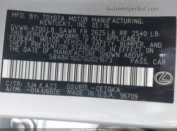 58ABK1GG7GU021673 2016 LEXUS ES 350 Silver ძრავის განყოფილების ხედი