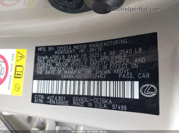 58ABK1GG7GU032463 2016 LEXUS ES 350 Gold Вид підкапотного простору