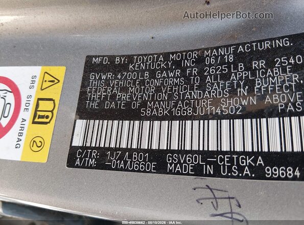 58ABK1GG8JU114502 2018 LEXUS ES 350 Silver Вид підкапотного простору