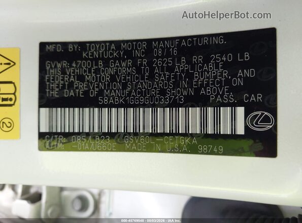 58ABK1GG9GU033713 2016 LEXUS ES 350 White Engine compartment view