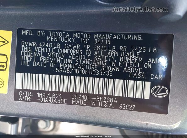 58ABZ1B10KU033736 2019 LEXUS ES 350 Gray ძრავის განყოფილების ხედი
