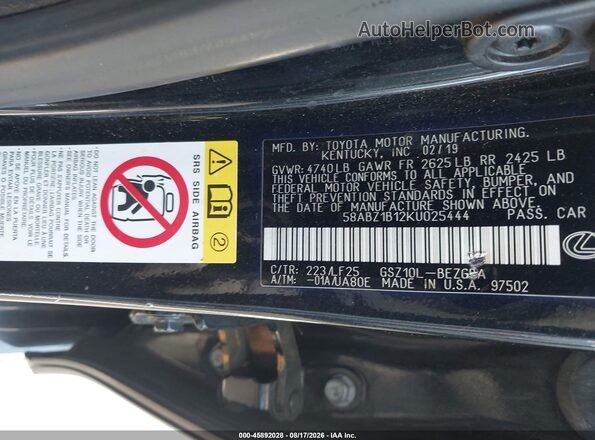 58ABZ1B12KU025444 2019 LEXUS ES 350 Black ძრავის განყოფილების ხედი