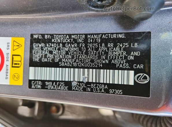 58ABZ1B12KU035214 2019 LEXUS ES Gray VIN კოდის სტიკერის ხედი