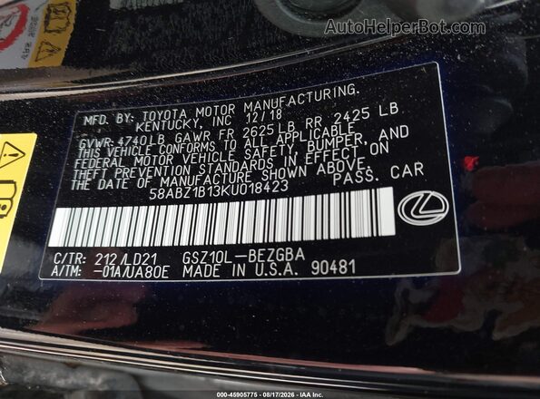 58ABZ1B13KU018423 2019 LEXUS ES 350 Black Շարժիչի բաժամունքի տեսք