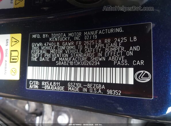 58ABZ1B13KU026294 2019 LEXUS ES 350 Blue Engine compartment view