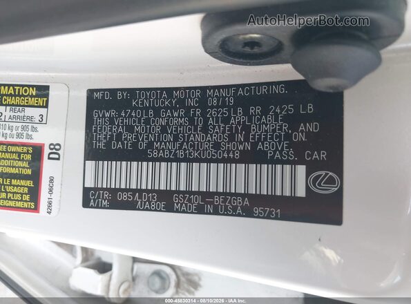 58ABZ1B13KU050448 2019 LEXUS ES 350 White Շարժիչի բաժամունքի տեսք
