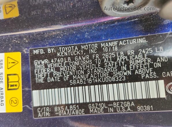 58ABZ1B14KU008323 2019 LEXUS ES Blue Vista del compartimento del motor
