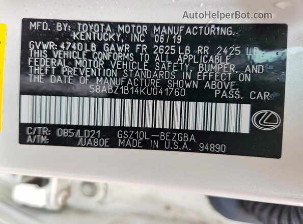 58ABZ1B14KU041760 2019 LEXUS ES White VIN კოდის სტიკერის ხედი