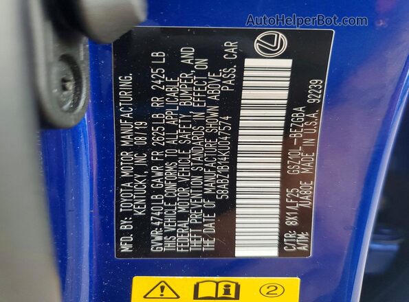 58ABZ1B14KU047574 2019 LEXUS ES Blue ძრავის განყოფილების ხედი