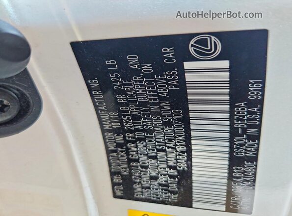 58ABZ1B17KU007103 2019 LEXUS ES White VIN კოდის სტიკერის ხედი