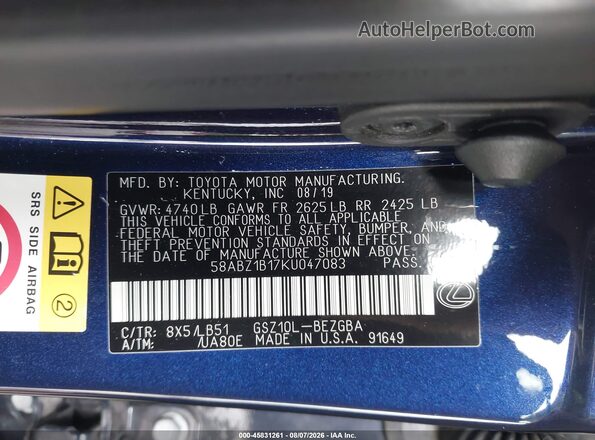 58ABZ1B17KU047083 2019 LEXUS ES 350 Синий Вид подкапотного пространства