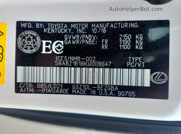 58ABZ1B18KU008647 2019 LEXUS ES White Widok komory silnika