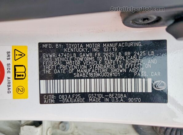 58ABZ1B19KU028101 2019 LEXUS ES Белый Вид наклейки с VIN-кодом