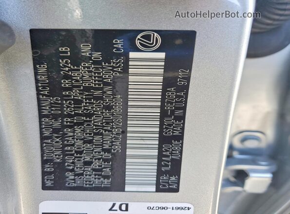 58ACZ1B12SU196604 2025 LEXUS ES Silver Vista de la etiqueta del VIN