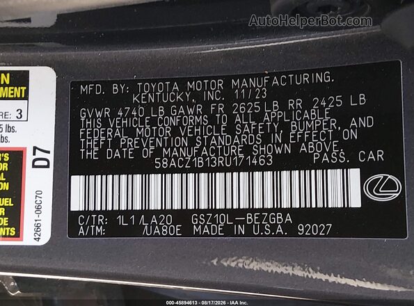 58ACZ1B13RU171463 2024 LEXUS ES 350 Gray Engine compartment view