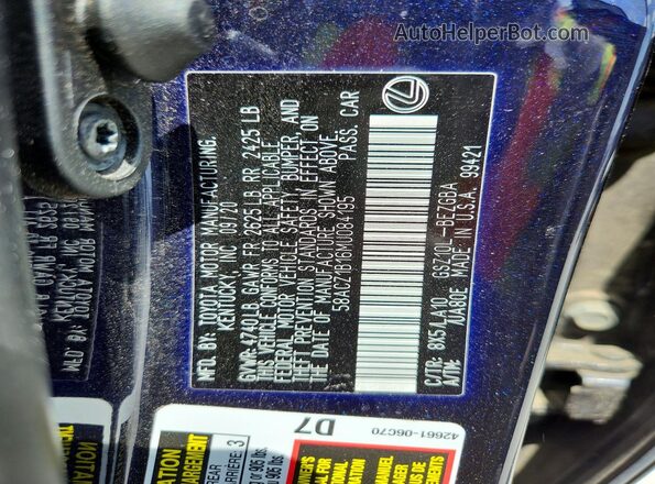 58ACZ1B16MU084195 2021 LEXUS ES Blue VIN კოდის სტიკერის ხედი