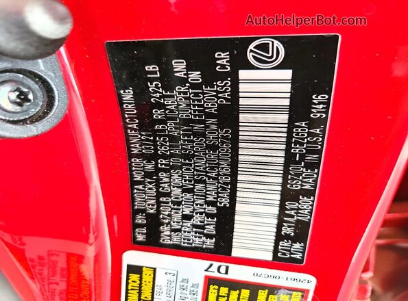 58ACZ1B16MU096735 2021 LEXUS ES Red Вид наклейки з VIN-кодом