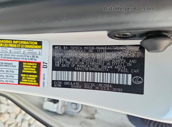58ACZ1B1XMU090274 2021 LEXUS ES White Engine compartment view