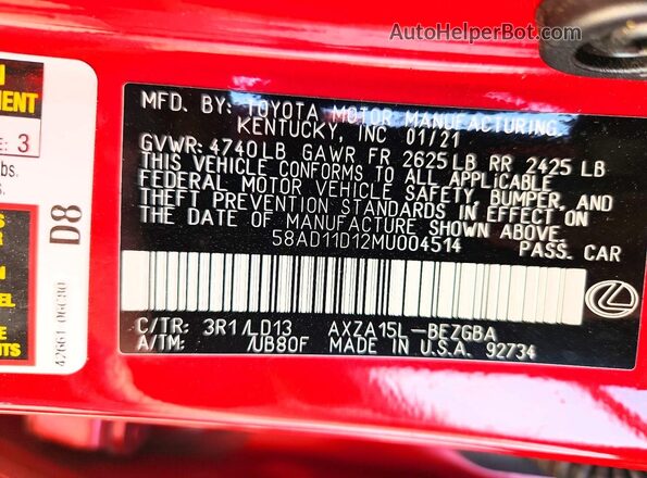 58AD11D12MU004514 2021 LEXUS ES Red VIN կոդի պիտակի տեսք