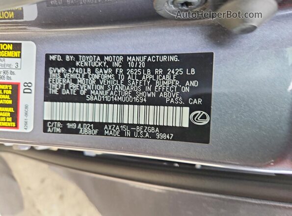 58AD11D14MU001694 2021 LEXUS ES Gray VIN კოდის სტიკერის ხედი