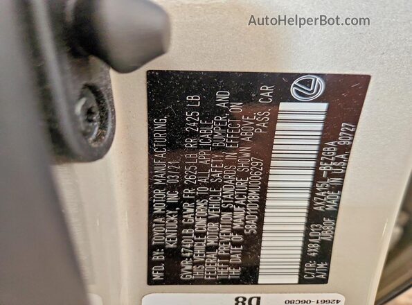 58AD11D18MU006297 2021 LEXUS ES Tan VIN կոդի պիտակի տեսք