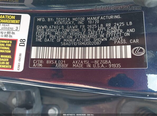 58AD11D1XMU002087 2021 LEXUS ES 250 Blue ძრავის განყოფილების ხედი