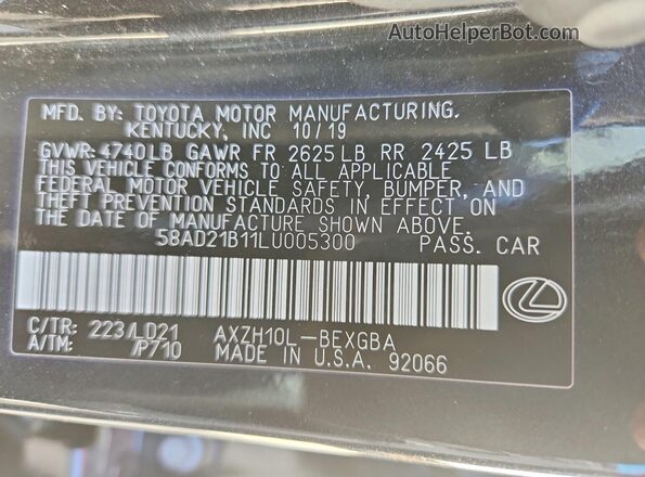 58AD21B11LU005300 2020 LEXUS ES Black Вид наклейки з VIN-кодом
