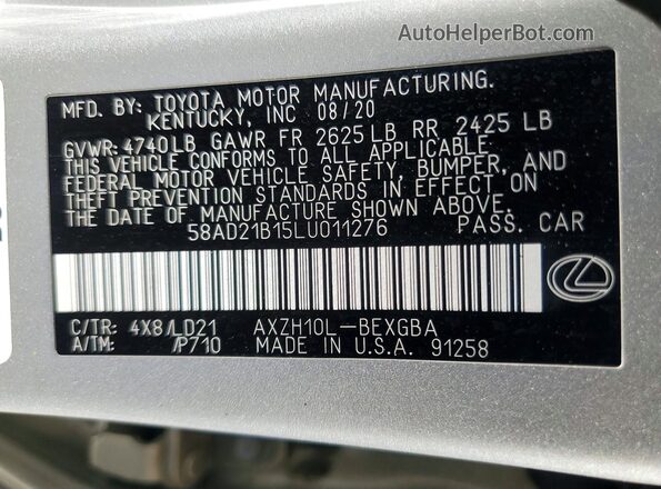 58AD21B15LU011276 2020 LEXUS ES Beige Շարժիչի բաժամունքի տեսք