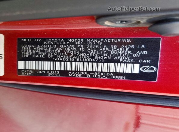 58AD21B16LU004756 2020 LEXUS ES Red Вид підкапотного простору