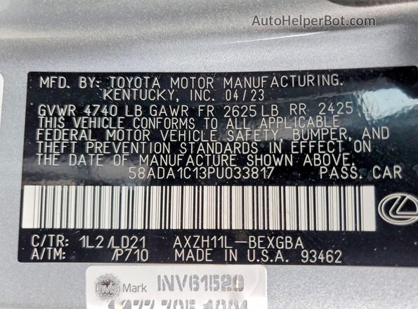 58ADA1C13PU033817 2023 LEXUS ES Серебряный Вид наклейки с VIN-кодом