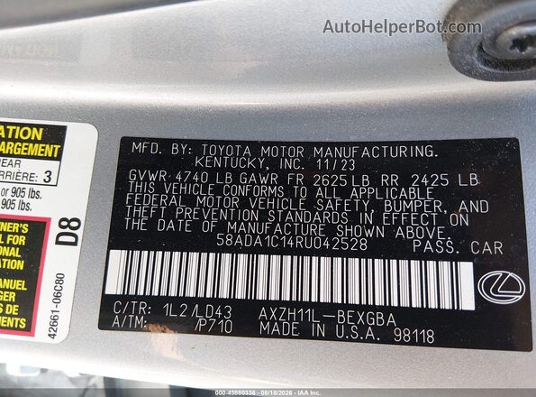 58ADA1C14RU042528 2024 LEXUS ES 300H Gray Widok komory silnika