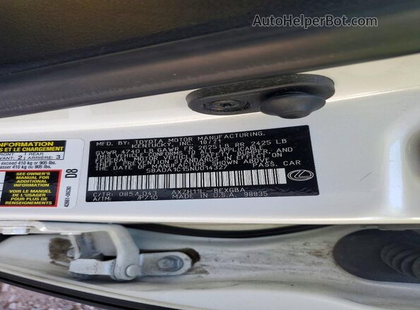 58ADA1C15NU014327 2022 LEXUS ES White Widok naklejki z numerem VIN