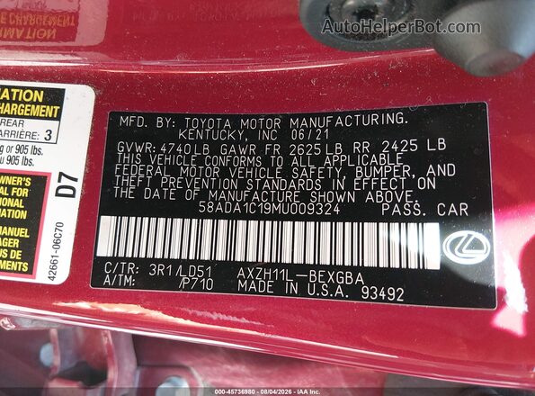 58ADA1C19MU009324 2021 LEXUS ES 300H Red Շարժիչի բաժամունքի տեսք