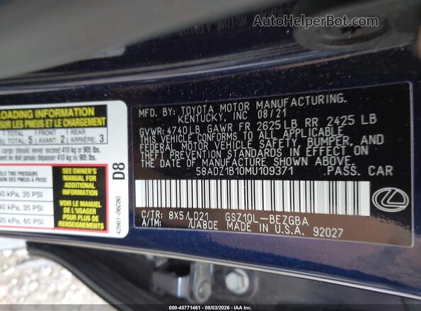 58ADZ1B10MU109371 2021 LEXUS ES 350 Blue Engine compartment view