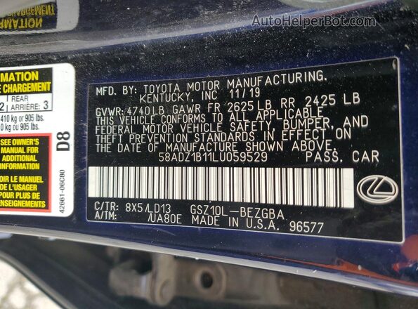 58ADZ1B11LU059529 2020 LEXUS ES Blue ძრავის განყოფილების ხედი