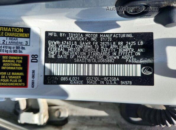 58ADZ1B13LU065882 2020 LEXUS ES White Vista de la etiqueta del VIN