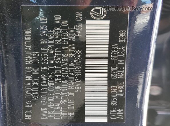58ADZ1B14RU178488 2024 LEXUS ES Blue Engine compartment view