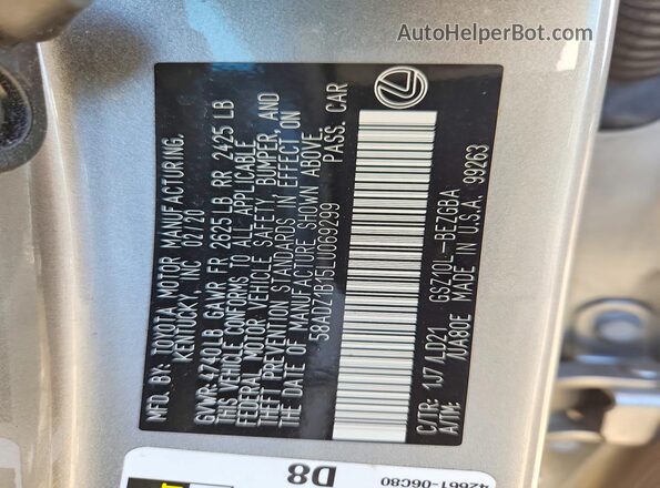 58ADZ1B15LU069299 2020 LEXUS ES Silver Widok naklejki z numerem VIN