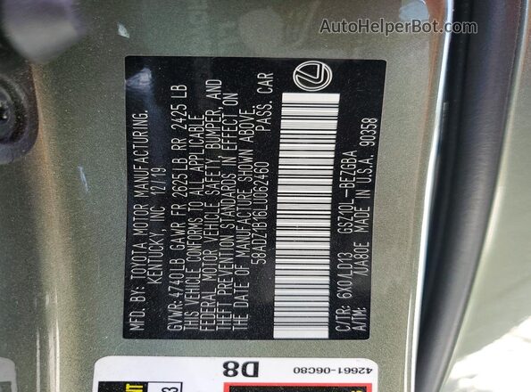 58ADZ1B16LU062460 2020 LEXUS ES Green სალონის 360-გრადუსიანი ხედი