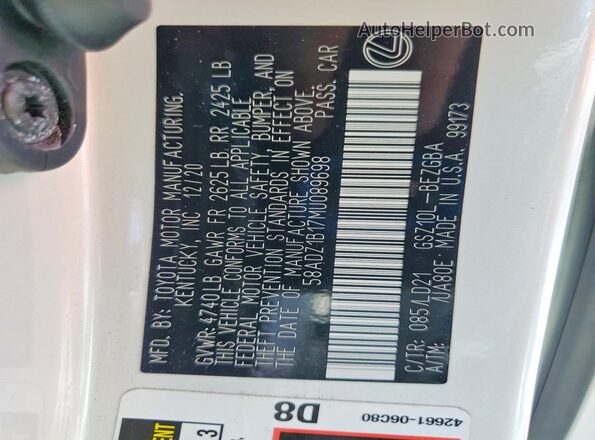 58ADZ1B17MU089698 2021 LEXUS ES White Вид наклейки з VIN-кодом