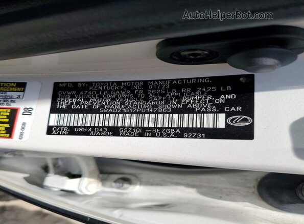 58ADZ1B17PU147863 2023 LEXUS ES White VIN sticker view