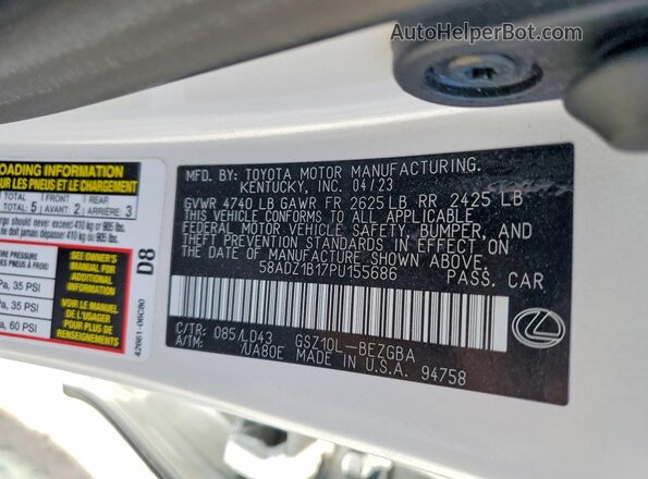 58ADZ1B17PU155686 2023 LEXUS ES White VIN sticker view