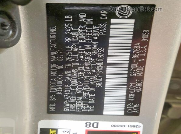 58ADZ1B1XMU108759 2021 LEXUS ES Beige ძრავის განყოფილების ხედი