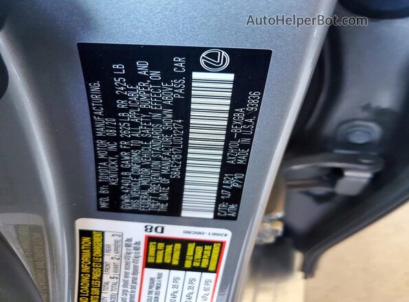 58AE21B17LU012174 2020 LEXUS ES Silver Vista de la etiqueta del VIN