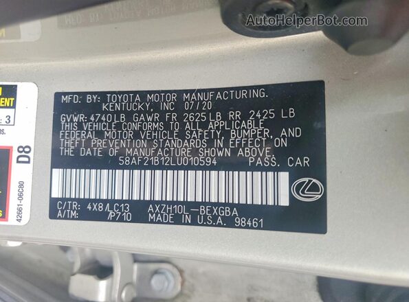 58AF21B12LU010594 2020 LEXUS ES Gold Widok komory silnika