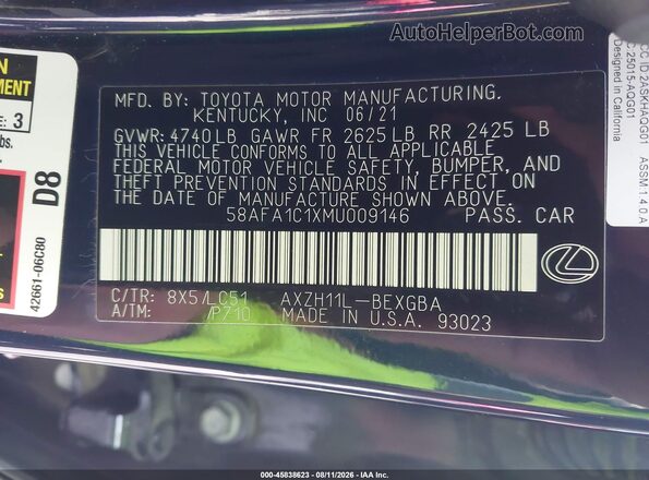 58AFA1C1XMU009146 2021 LEXUS ES 300H Dark Blue Engine compartment view