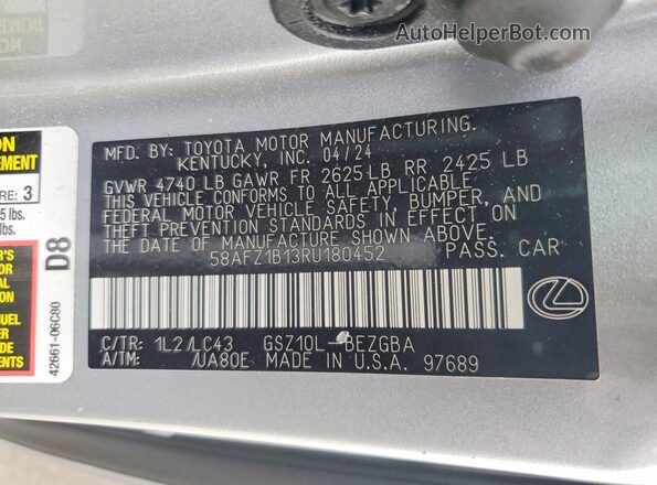 58AFZ1B13RU180452 2024 LEXUS ES Silver ძრავის განყოფილების ხედი