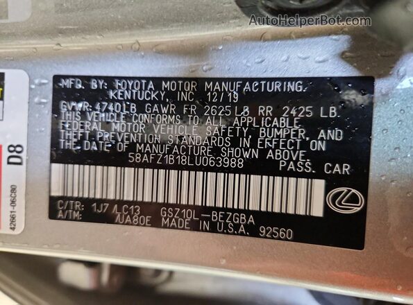 58AFZ1B18LU063988 2020 LEXUS ES Silver VIN sticker view